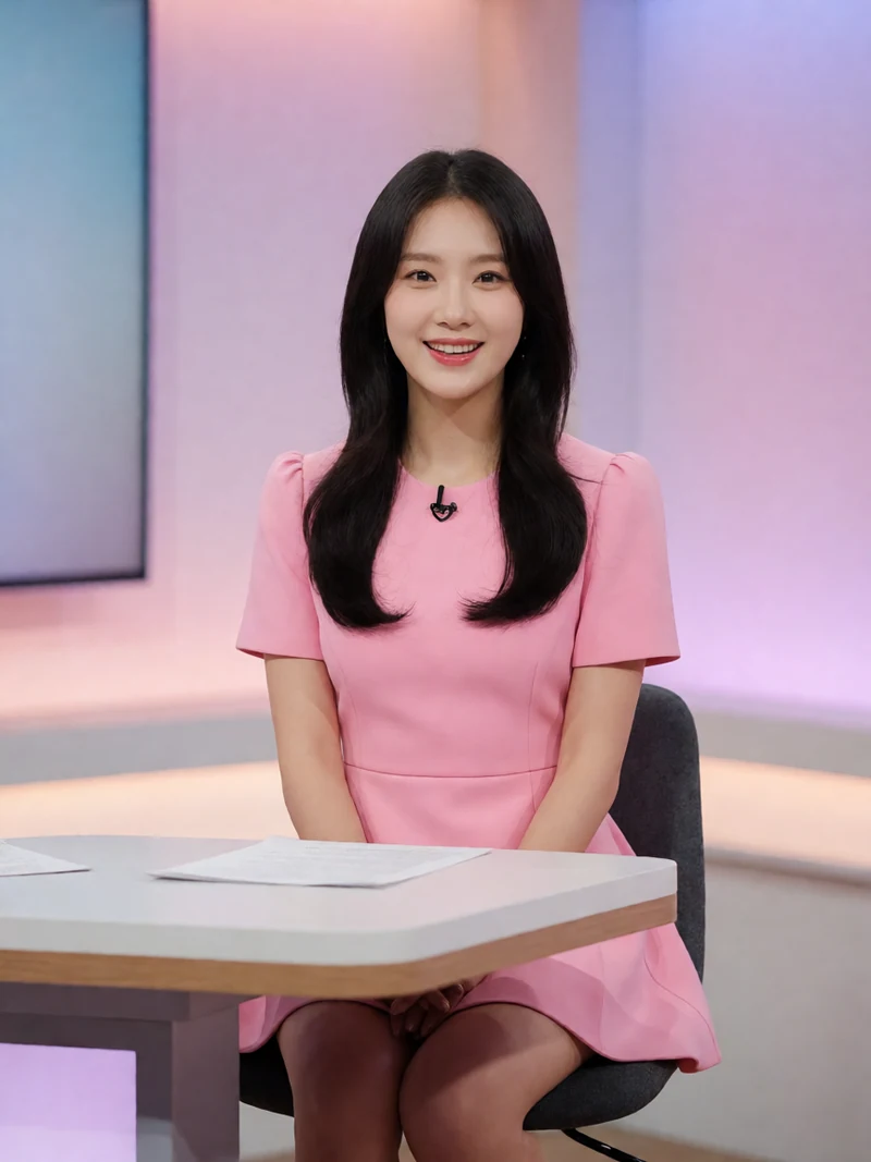 虚构成年东亚女主播穿粉色短裙坐在摄影棚桌边对镜头聊天